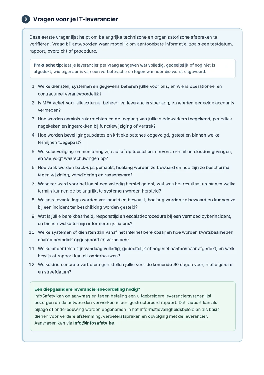 Werkelijk door de CyberScan gegenereerde leveranciersvragen met verwijzing naar een diepgaande leveranciersbeoordeling